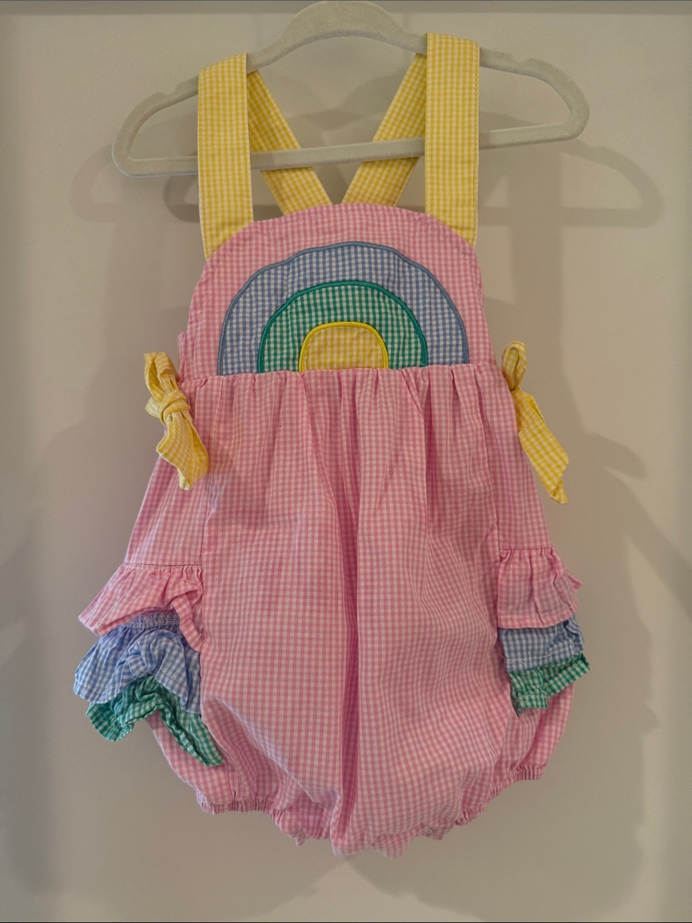 Kids Pink Gingham Rainbow One-Piece Romper with Yellow Straps